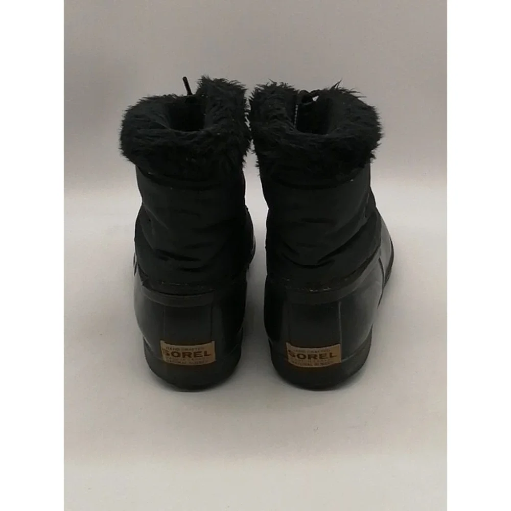 Sorel Boots Womens Kaufman Black 7 Winter Shoes Leather Lined Fur Trim Lace Up